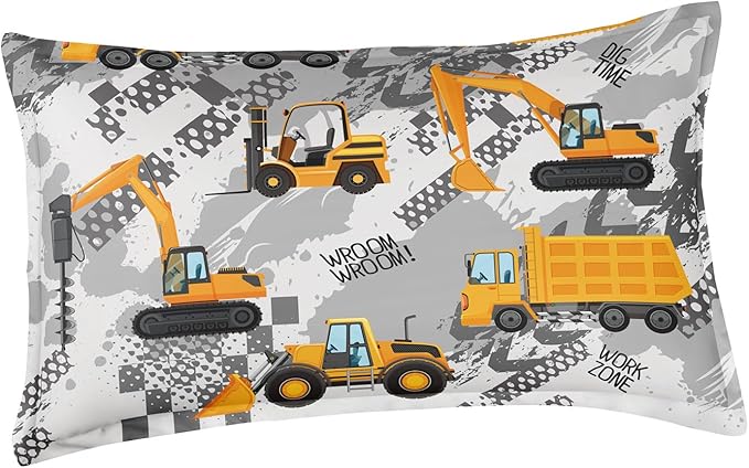 3-Pcs Construction Kids Bedding Set for Boys, Reversible Twin Truck Bed Comforter Set, Cartoon Excavator Car Printed Bedding Sets with Tire Marks - LeafyLoom