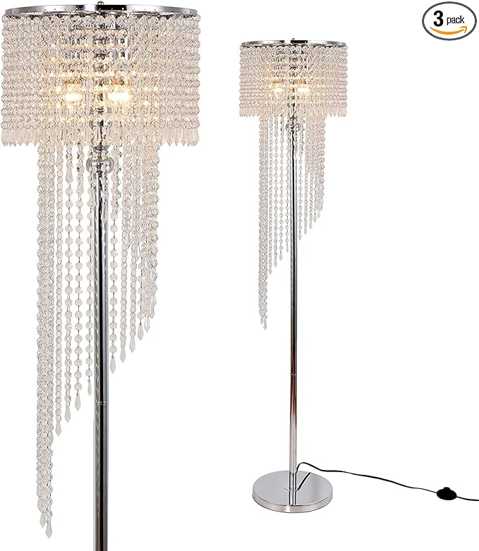 Modern Style Crystals Floor Lamp Chrome Finish and Plentiful Crystals for Reading Corner Lamp for Office Cafe,Den,Living Room Bedroom - 3 Lights - LeafyLoom