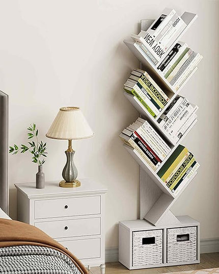 Vagusicc 6 Tier Tree Bookshelf - Modern Shelf Floor Standing Bookcase with Baskets, Tall Wood Book Storage Rack for Books/CDs, Tree Utility Book Organizer Shelves for Living Room, Home Office, Bedroom - LeafyLoom