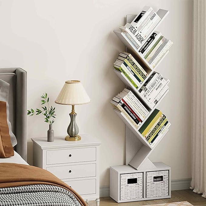 Vagusicc 6 Tier Tree Bookshelf - Modern Shelf Floor Standing Bookcase with Baskets, Tall Wood Book Storage Rack for Books/CDs, Tree Utility Book Organizer Shelves for Living Room, Home Office, Bedroom - LeafyLoom