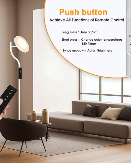 PESRAE 36W/3600LM LED Torchiere Bright Standing Lamp for Living Room, Rotatable Tall Lamp with Remote Control, Stepless Color Temperatures and Dimming Floor Lamps for Bedroom Office (Gravel White) - LeafyLoom