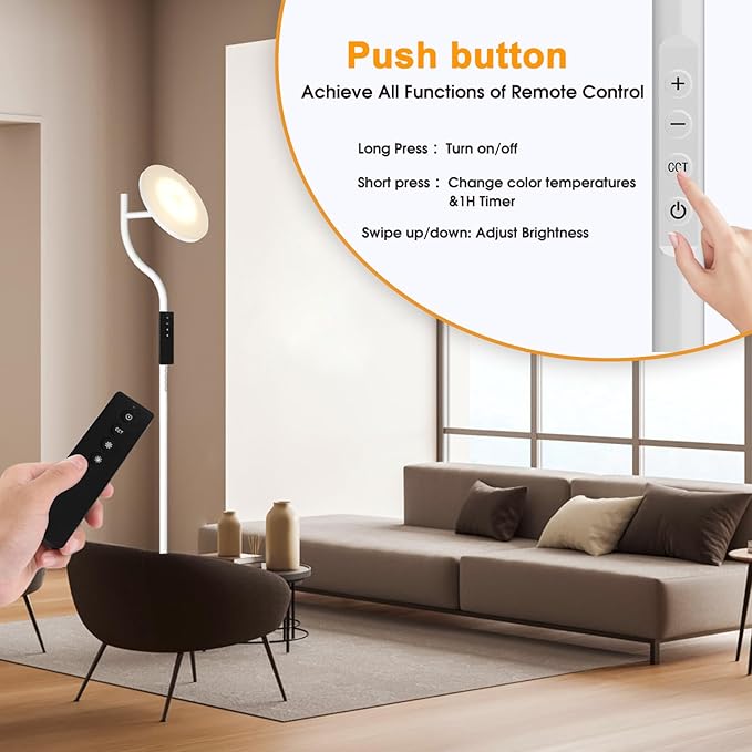 PESRAE 36W/3600LM LED Torchiere Bright Standing Lamp for Living Room, Rotatable Tall Lamp with Remote Control, Stepless Color Temperatures and Dimming Floor Lamps for Bedroom Office (Gravel White) - LeafyLoom
