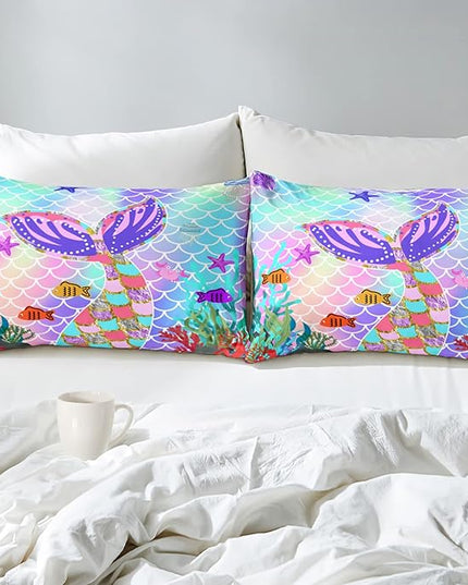Mermaid Tail Comforter Set Queen Size, 3Pcs Rainbow Mermaid Fish Scales Bedding Set, Microfiber Kids Bedding Glitter Mermaid Tail Pattern Decor for Girls Bedroom1 Comforter 2 Pillowcase - LeafyLoom