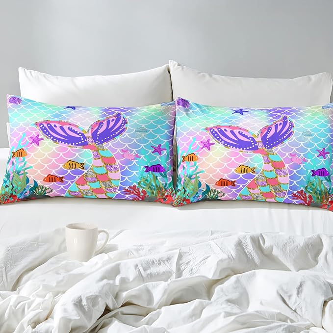 Mermaid Full Size Bedding Set for Girls, Rainbow Mermaid Tail Fish Scales Comforter Set Full Size Bed in a Bag, Cute Mermaid Tail Pattern Decor for Girls Bedroom, 1 Comforter 2 Pillowcase - LeafyLoom