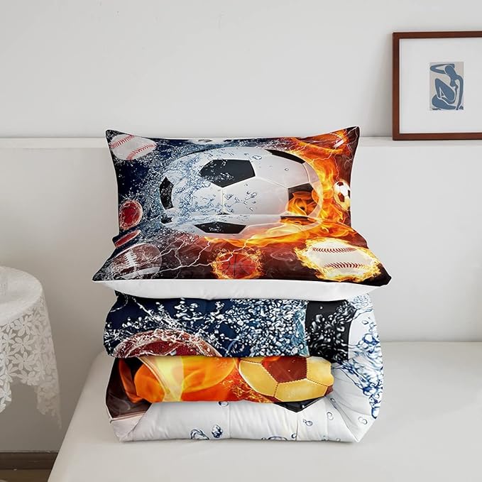 Erosebridal Boys Soccer Bedding Set Football Sports Twin Comforter Set for Kids Teens Youth Bedroom Decor Lightning Baseball Quilt Duvet Water Fire Basketball Comforter with 1 Pillow Case Red Blue - LeafyLoom