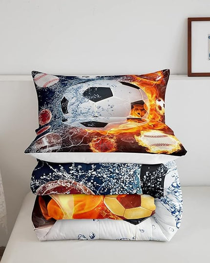 Erosebridal Boys Soccer Bedding Set Football Sports Queen Comforter Set for Kids Teens Youth Bedroom Decor Lightning Baseball Quilt Duvet Water Fire Basketball Comforter with 2 Pillow Cases Red Blue - LeafyLoom