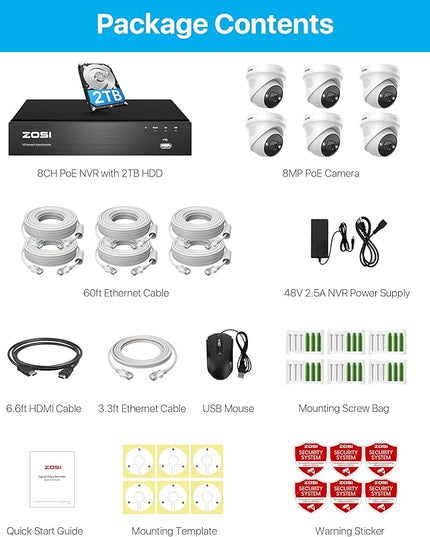ZOSI 4K 8CH Spotlight PoE Security Camera System,6pcs 4K Wired Indoor Outdoor PoE IP Cameras with 2 Way Audio,Night Vision,Human Detection,Smart Light Alarm,8CH 8MP NVR with 2TB HDD for 24/7 Record ZOSI