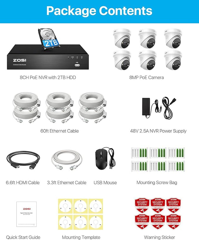 ZOSI 4K 8CH Spotlight PoE Security Camera System,6pcs 4K Wired Indoor Outdoor PoE IP Cameras with 2 Way Audio,Night Vision,Human Detection,Smart Light Alarm,8CH 8MP NVR with 2TB HDD for 24/7 Record ZOSI
