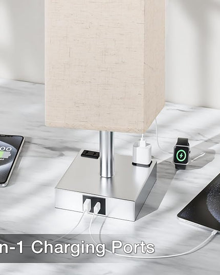 Touch Bedside Table Lamp For Nightstand - 3-Way Dimmable Night Lamp with USB A + Type C Charging Ports and two AC Outlets, Small Desk Light with E26 LED Bulb for Bedroom Living Room Dorm, BEIGE - LeafyLoom