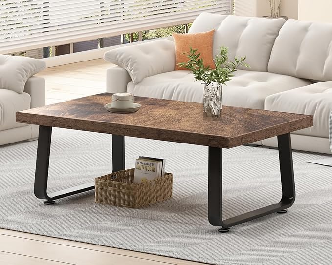 HSH Wooden Coffee Table, Industrial Rectangle Center Table, Modern Minimalist Coffee Table for Living Room, Farmhouse Wood and Metal Cocktail Tea Table for Bedroom Home Office, Rustic Brown, 47 in - LeafyLoom