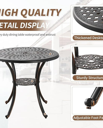 Cast Aluminum Patio Dining Set, Outdoor Bistro Set, 31.5"" Round Patio Table with Umbrella Hole, 2 Patio Chairs for Yard Porch Garden Balcony, Bronze 4 - LeafyLoom