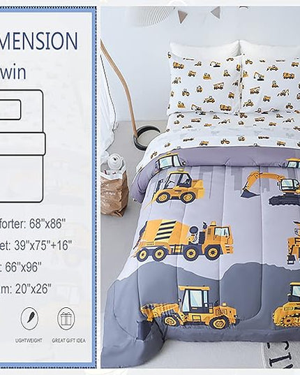 Twin Size Comforter Set for Boys, 4-Piece Bed in a Bag, 3D Construction Bedding Comforter Sheet Set, Ultra Soft and Fluffy, Cartoon Truck Cars - LeafyLoom