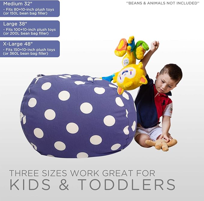 Aubliss Stuffed Animal Storage Bean Bag Chair Cover (No Beans), Stuff and Sit Storage Bean Bag for Kids Toy Storage, Medium 32"-Canvas Dot Navy - LeafyLoom