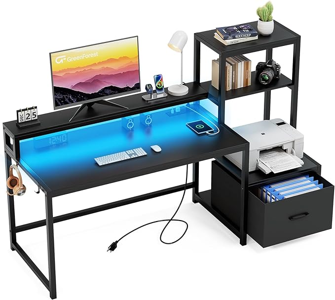 GreenForest Computer Desk with Drawer and Printer Shelf, 59 inch Gaming Desk with LED Lights and Power Outlets, Home Office Desk with Storage for Study Writing Working,Black - LeafyLoom