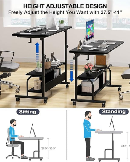 Height Adjustable Standing Desk with Power Outlets, 47" Manual Stand Up Desk with Storage Shelves Small Mobile Rolling Computer Desk Portable Laptop Table with Wheels for Home Office, Black - LeafyLoom