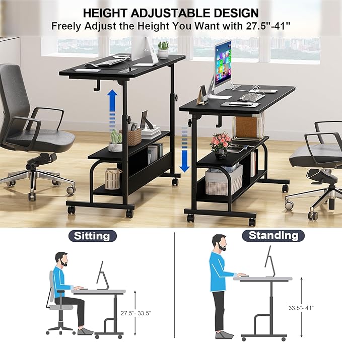 Height Adjustable Standing Desk with Power Outlets, 47" Manual Stand Up Desk with Storage Shelves Small Mobile Rolling Computer Desk Portable Laptop Table with Wheels for Home Office, Black - LeafyLoom