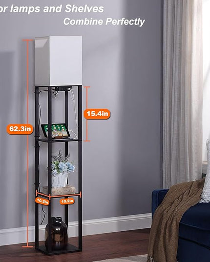 Floor Lamp with Shelves, Shelf Floor Lamps for Living Room with 2 USB Charging Ports and Power Outlet, 3CCT Modern Corner Square Display Standing Lamp 4-Tier Tall Bookshelf Lamp for Bedroom - LeafyLoom