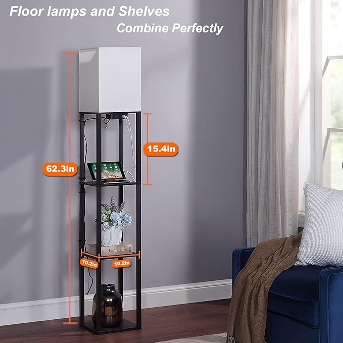 Floor Lamp with Shelves, Shelf Floor Lamps for Living Room with 2 USB Charging Ports and Power Outlet, 3CCT Modern Corner Square Display Standing Lamp 4-Tier Tall Bookshelf Lamp for Bedroom - LeafyLoom