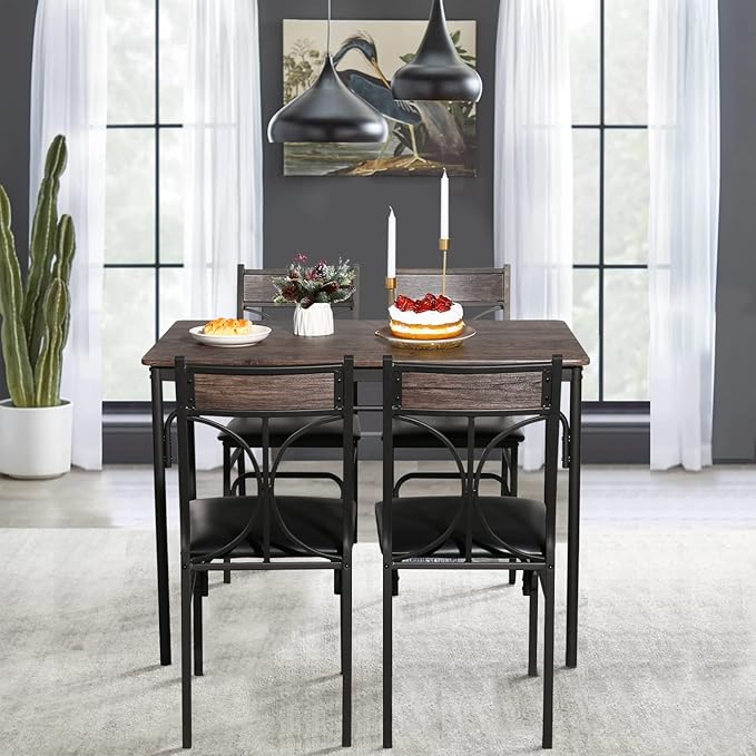VECELO 5 Piece Kitchen Table Set for Dining Room,Dinette,Breakfast Nook,Industrial Style, Seating for four, Brown - LeafyLoom