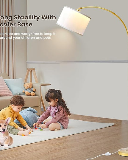 Arc Floor Lamps for Living Room, Modern Standing Lamp Gold Tall Lamp with White Drum Shade, Over Couch Arched Reading Light for Bedroom, Office - LeafyLoom