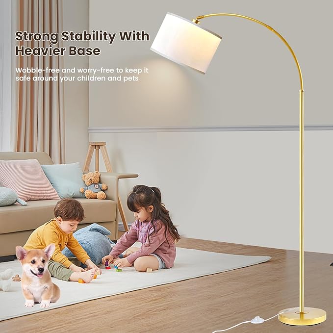 Arc Floor Lamps for Living Room, Modern Standing Lamp Gold Tall Lamp with White Drum Shade, Over Couch Arched Reading Light for Bedroom, Office - LeafyLoom