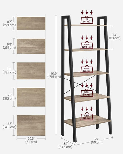 VASAGLE Ladder Shelf, 5-Tier Bookshelf, Storage Rack, Bookcase with Steel Frame, for Living Room Home Office, Kitchen, Bedroom, Industrial Style, Camel Brown + Black - LeafyLoom