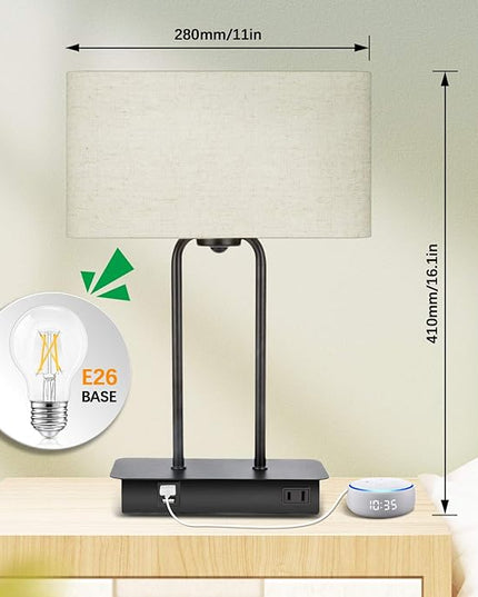 3-Way Dimmable Touch Control Table Lamp with 2 USB Ports and AC Power Outlet Modern Bedside Nightstand Lamp Fabric Shade and Metal Base for Guestroom Bedroom Living Room LED Bulb Included Warm White - LeafyLoom