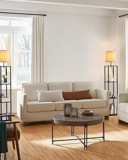 Moooni Modern Floor Lamp with Shelves Black Shelf Floor Lamp with White Linen Shape Corner Storage Floor Lamp for Living Room Bedroom Office - LeafyLoom