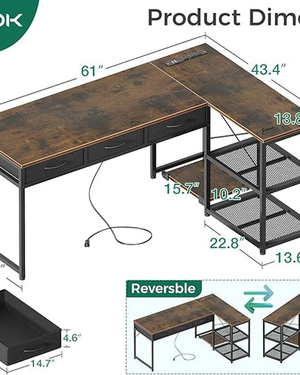 AODK 61 Inch L Shaped Computer Desk with Drawers, Corner Desk with Power Outlets & Reversible Storage Shelves, Movable CPU Stand for Home Office Gaming, Vintage - LeafyLoom