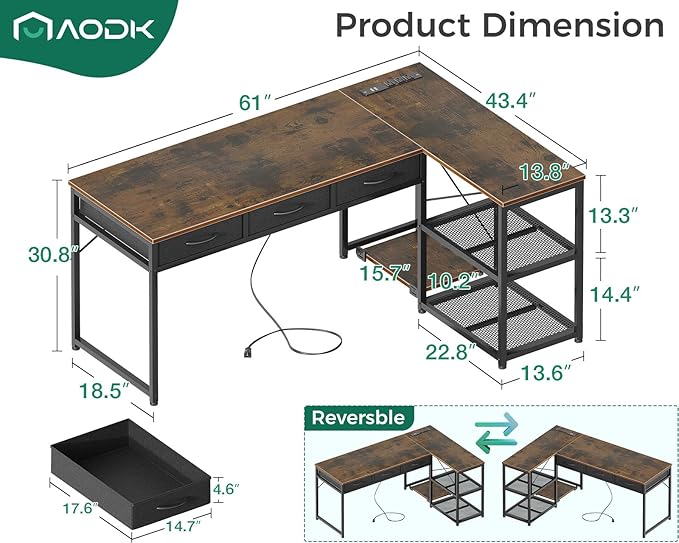 AODK 61 Inch L Shaped Computer Desk with Drawers, Corner Desk with Power Outlets & Reversible Storage Shelves, Movable CPU Stand for Home Office Gaming, Vintage - LeafyLoom
