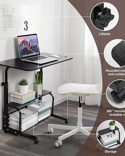 Adjustable Home Office Desk Portable Student Study Computer Desk Furniture for Small Spaces Movable Sofa Side Table on Wheels Laptop Desk with Storage Black Size 31x16 Inch - LeafyLoom