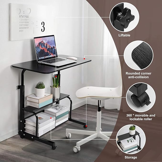 Adjustable Home Office Desk Portable Student Study Computer Desk Furniture for Small Spaces Movable Sofa Side Table on Wheels Laptop Desk with Storage Black Size 31x16 Inch - LeafyLoom