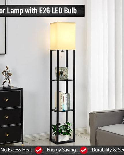 Floor Lamp with Shelves, 3-Tier Modern Floor Lamps for Living Room, Standing Lamp with 3 Color Temperature Bulb, Wooden Shelf Lamp Living Room Lamps, Black Floor Lamp for Bedroom,Living Room,Office - LeafyLoom