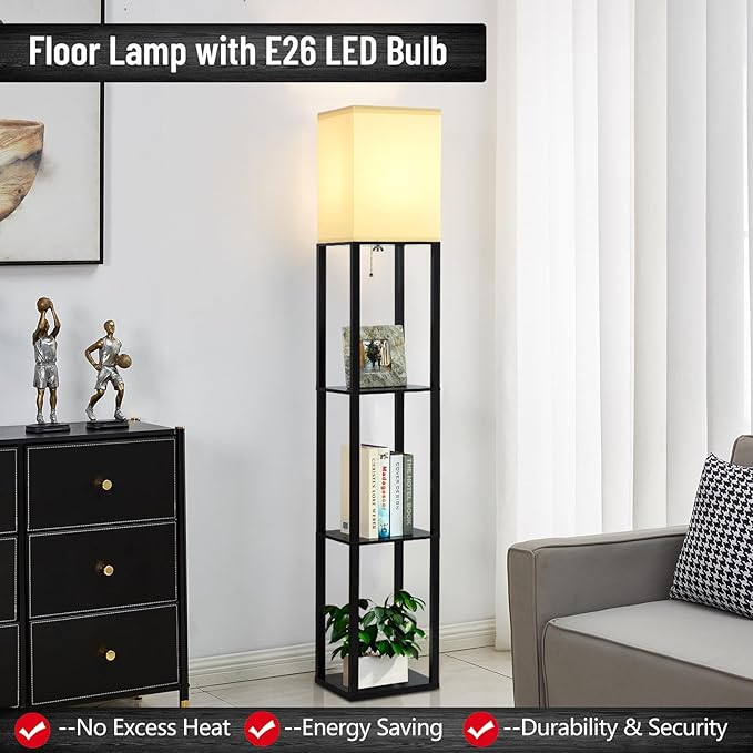 Floor Lamp with Shelves, 3-Tier Modern Floor Lamps for Living Room, Standing Lamp with 3 Color Temperature Bulb, Wooden Shelf Lamp Living Room Lamps, Black Floor Lamp for Bedroom,Living Room,Office - LeafyLoom