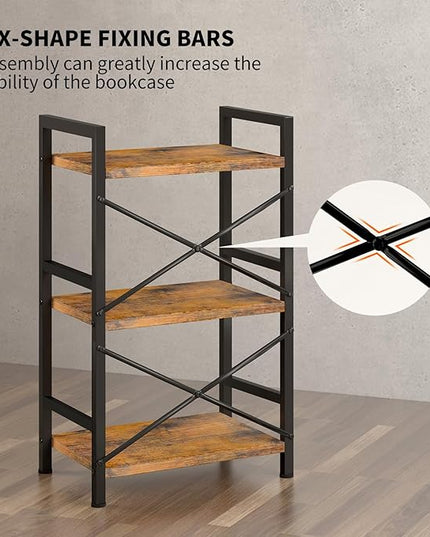 Bookshelf, 3 Tier Industrial Bookcase, Metal Small Bookcase, Rustic Etagere Book Shelf Storage Organizer for Living Room, Bedroom, and Home Office(Rustic Brown) Patent Pending D29873033 - LeafyLoom