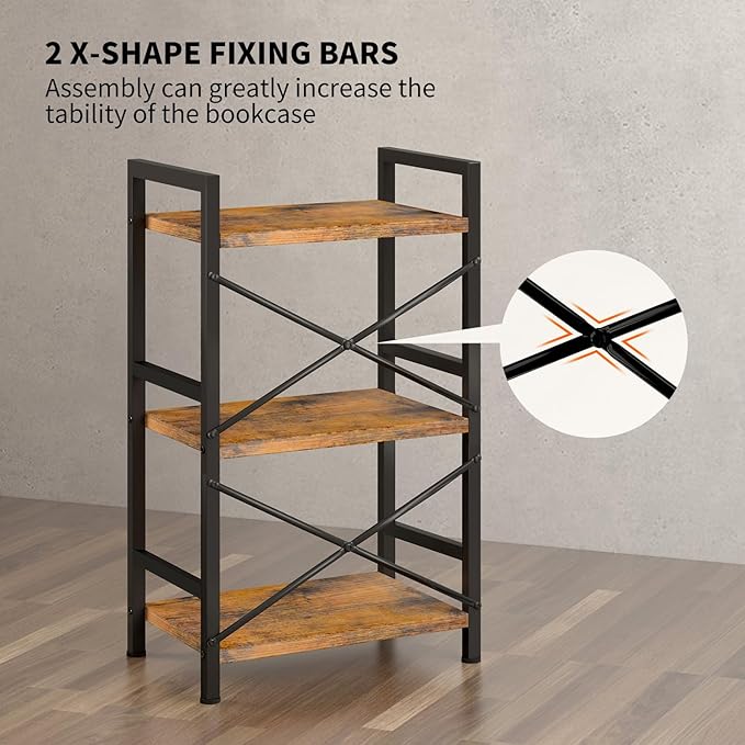 Bookshelf, 3 Tier Industrial Bookcase, Metal Small Bookcase, Rustic Etagere Book Shelf Storage Organizer for Living Room, Bedroom, and Home Office(Rustic Brown) Patent Pending D29873033 - LeafyLoom