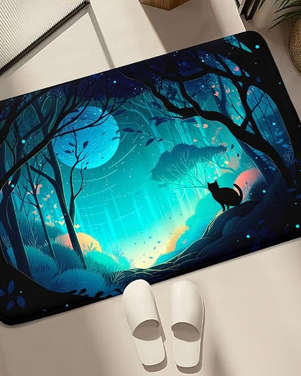 Cat Rug - Magic Black Cat Rug for Home Decor Moon Black Cat Rug for Boys Room Cat Door Mats Outdoor Entrance Forestscape Cat Rug, 2x3 Feet - LeafyLoom