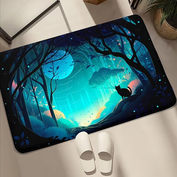 Cat Rug - Magic Black Cat Rug for Home Decor Moon Black Cat Rug for Boys Room Cat Door Mats Outdoor Entrance Forestscape Cat Rug, 2x3 Feet - LeafyLoom