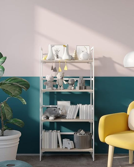 No-Assembly Folding Bookshelf Storage Shelves 4 Tiers Vintage Multifunctional Plant Flower Stand Storage Rack Shelves Bookcase for Home Office (White) - LeafyLoom