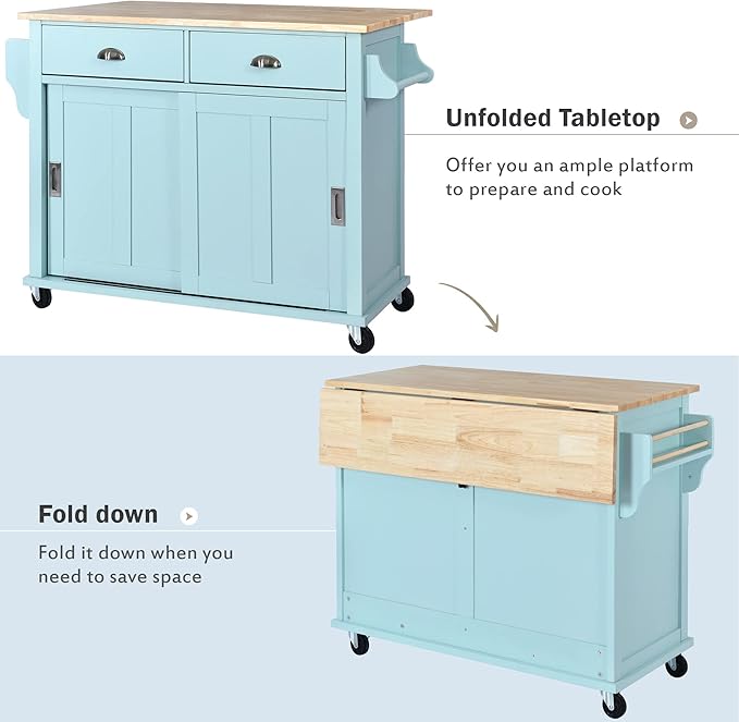 Cart with Rubber Wood Drop-Leaf Countertop and Sliding Barn Door, Rolling Mobile Island on Wheels w/Storage and Towel Rack for Dining Room Kitchen, Mint Green, 52.2 Inch - LeafyLoom