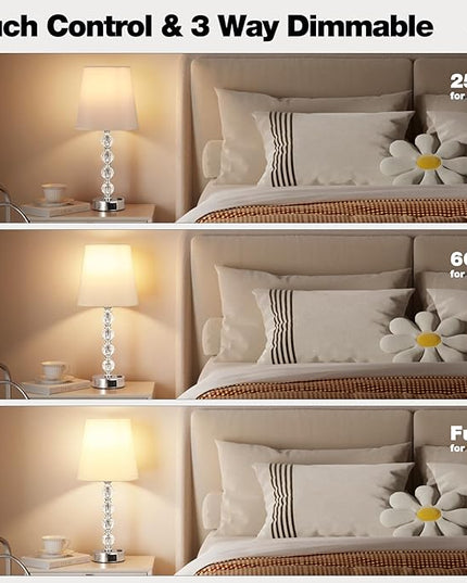 Bedside Lamps for bedrooms Set of 2 Nightstand - Large Crystal Table Lamps with USB C Charging Ports and AC Outlet, 3 Way Dimmable Touch Control Silver Bed Side Table Lamp for Living Room/Dining Room - LeafyLoom