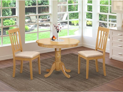 East West Furniture ANTI3-OAK-C 3 Piece Kitchen Set Contains a Round Table with Pedestal and 2 Linen Fabric Dining Room Chairs, 36x36 Inch - LeafyLoom