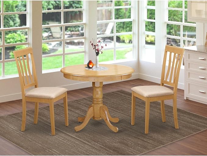 East West Furniture ANTI3-OAK-C 3 Piece Kitchen Set Contains a Round Table with Pedestal and 2 Linen Fabric Dining Room Chairs, 36x36 Inch - LeafyLoom