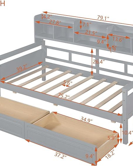 Merax Twin Wood Daybed with Bedside Shelves and Two Drawers Sofa Bed Frame for Kids Boys Girls/No Box Spring Needed Gray - LeafyLoom