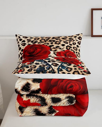 Rose Flower Comforter Set for Teens Adult Women Wedding Gift, Leopard Print Bedding Set Queen Size, Valentine's Day Cheetah Duvet Sets Leopard Animal Skin Down Comforter for Bedroom Decor, Brown - LeafyLoom