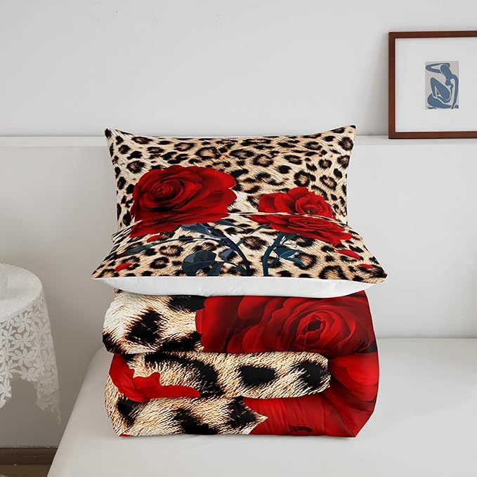 Rose Flower Comforter Set for Teens Adult Women Wedding Gift, Leopard Print Bedding Set Full Size, Valentine's Day Cheetah Duvet Sets Leopard Animal Skin Down Comforter for Bedroom Decor, Brown - LeafyLoom