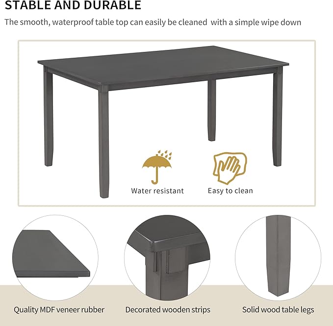 Dining Table Set for 6, Wood Rectangular Dining Table and 4 Fabric Chairs & Bench, 6-Piece Kitchen Table Set for Dining Room and Living Room, Charcoal Grey - LeafyLoom