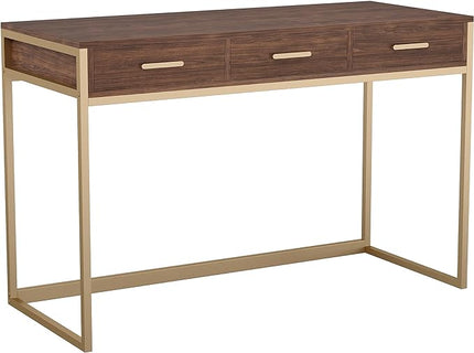 Martha Stewart Ollie Home Office Desk with 3 Drawers in Walnut Wood Grain with Polished Brass Hardware - LeafyLoom