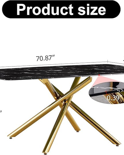 NicBex Large Modern Minimalist Rectangular Dining Table with 0.39 "Imitation Marble Black Tabletop and Golden Metal Legs for Kitchen Dining Living Meeting Room Banquet Hall, Black - LeafyLoom