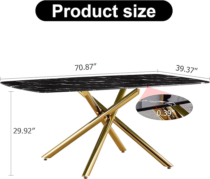 NicBex Large Modern Minimalist Rectangular Dining Table with 0.39 "Imitation Marble Black Tabletop and Golden Metal Legs for Kitchen Dining Living Meeting Room Banquet Hall, Black - LeafyLoom